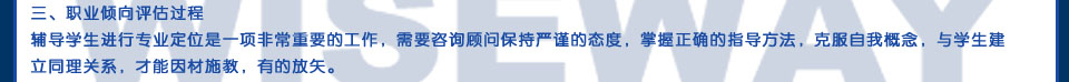 三、職業(yè)傾向評估過程 輔導(dǎo)學(xué)生進行專業(yè)定位是一項非常重要的工作，需要咨詢顧問保持嚴謹?shù)膽B(tài)度，掌握正確的指導(dǎo)方法，克服自我概念，與學(xué)生建立同理關(guān)系，才能因材施教，有的放矢。