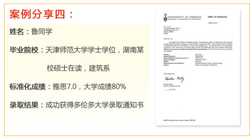 案例分享四：
姓名：魯同學(xué)
畢業(yè)院校：天津師范大學(xué)學(xué)士學(xué)位，湖南某校碩士在讀，建筑系
標(biāo)準(zhǔn)化成績(jī)：雅思7.0，大學(xué)成績(jī)80%
錄取結(jié)果：成功獲得多倫多大學(xué)錄取通知書